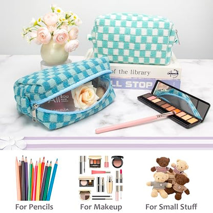 Checkered Makeup Bag for Purse, Small Travel Cosmetic Pouch,Lake Blue - color: Lake Blue