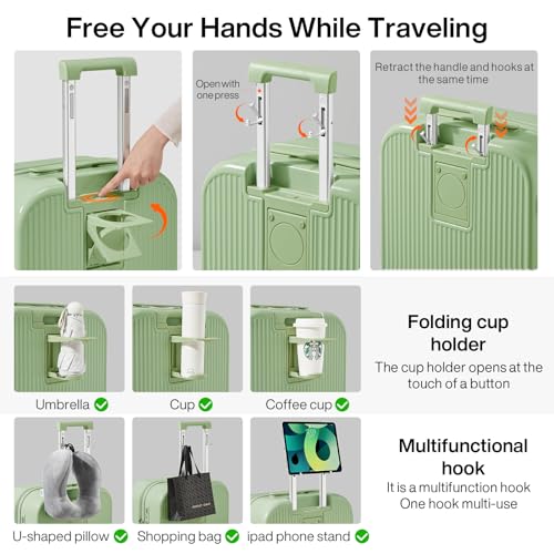 mixi Checked Luggage with Cup Phone Holder Hard Shell Rolling Travel Suitcase with Spinner Wheels,24 Inch Avocado Green - color: Avocado Green, size: 24-inch