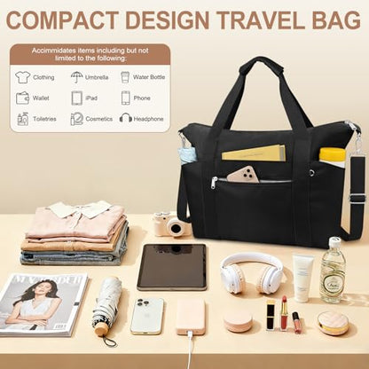 Small Travel Gym Duffel Bag for Women, Weekender Overnight Bag - color: Black