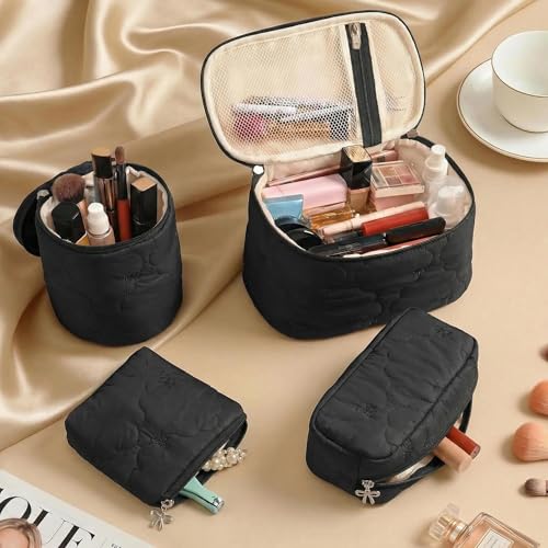 AMDAILY 4Pcs Quilted Makeup Bag Set, Bowknot Puffy Makeup Bag w/Bow Zipper - color: Black