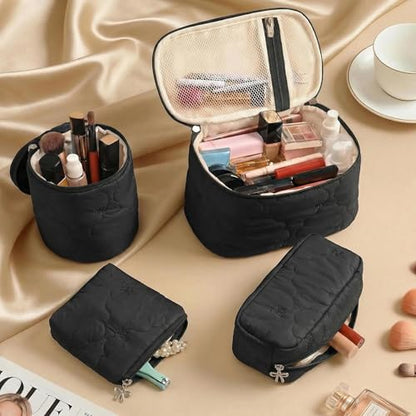 AMDAILY 4Pcs Quilted Makeup Bag Set, Bowknot Puffy Makeup Bag w/Bow Zipper - color: Black
