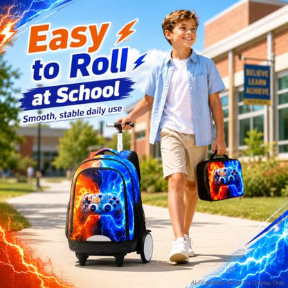 gxtvo Large Wheels & Quiet Glide | Rolling Backpack for Kids - Water-Resistant Wheeled Bag with Lunch Box for School, Travel & Outings - Fire & Lightning Gaming - color: Rolling Backpack Fire Lightning Gaming