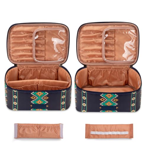Wrangler Travel Makeup Bag 2pcs Set Cosmetic Bag with Makeup Brush Holder - color: Aztec-Blue
