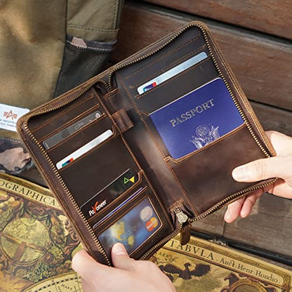 Polare Full Grain Leather Passport Holder Cover Case for Men Travel Wallet - color: Dark Brown