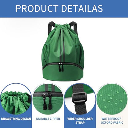 JELUTAR Drawstring Backpack Gym Bag with Shoes Pocket, Dark Green - color: Dark Green, size: Medium