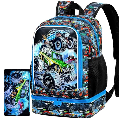 CCJPX 3Pcs Backpack for Boys, 16 Inch Preschool Elementary Kindergarten School Backpacks and Lunch Box - color: Truck 2 in 1