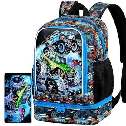CCJPX 3Pcs Backpack for Boys, 16 Inch Preschool Elementary Kindergarten School Backpacks and Lunch Box - color: Truck 2 in 1