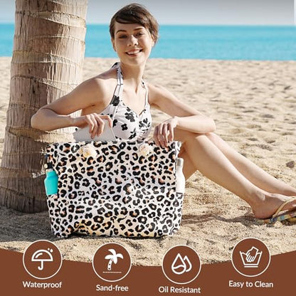 Clothirily Beach Bag for Women, Large Beach Tote Bag Waterproof with Zipper - color: Leopard Print