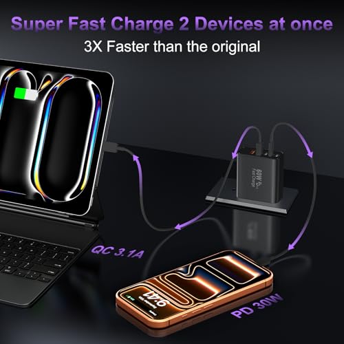 USB C 고속 벽 충전기 블록, 3팩 60W USBC 충전 큐브, 5포트 PD+QC 전원 어댑터 멀티포트 브릭 타입 C 박스 플러그 휴대폰 17/16/15/14/13/12/11/프로 맥스/플러스, 패드 미니/프로/S25/S24-블랙 - color: 블랙-3팩.