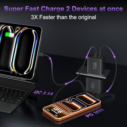 USB C 고속 벽 충전기 블록, 3팩 60W USBC 충전 큐브, 5포트 PD+QC 전원 어댑터 멀티포트 브릭 타입 C 박스 플러그 휴대폰 17/16/15/14/13/12/11/프로 맥스/플러스, 패드 미니/프로/S25/S24-블랙 - color: 블랙-3팩.