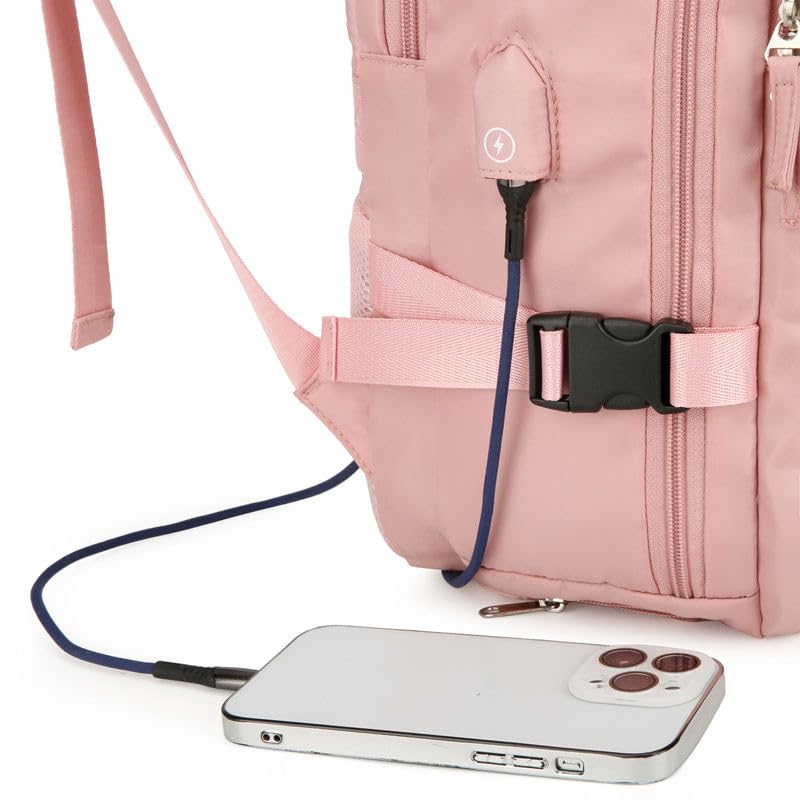 Travel Backpack for Women, Carry On Backpack with USB Charging Port Shoe Pouch, TSA 15.6inch Laptop Mochila Flight Approved (Pink) - color: Pink