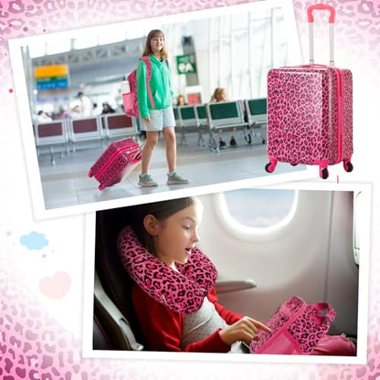 Redbaker 6 Pcs Kids Luggage Set, 17 Inch, Pink Leopard Print - color: Hot Pink