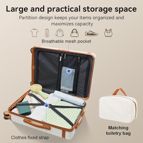 3 Piece Carry On Luggage Set with Backpack, White-Brown | PC+ABS Travel Suitcase Sets Hardshell Rolling Luggage Lightweight Durable - color: White-Brown, size: 20''/BP/TB