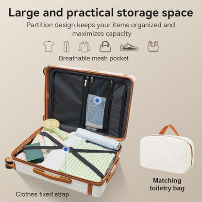 3 Piece Carry On Luggage Set with Backpack, White-Brown | PC+ABS Travel Suitcase Sets Hardshell Rolling Luggage Lightweight Durable - color: White-Brown, size: 20''/BP/TB