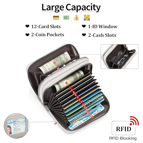 RNIEGA Credit Card Holder Wallet RFID Blocking Leather Small Wallet for Women Double Zipper Wallet with ID Window - color: A-Grey