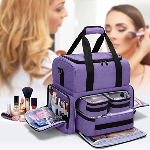 BAFASO 2 Layers Large Travel Makeup Bag with 3 Removable Pouches, Purple