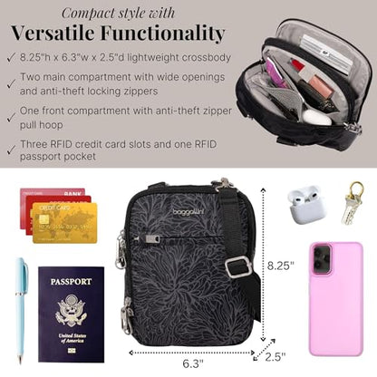 Baggallini Securtex® Anti-theft Mini Everything Crossbody Bag, 6.3"x8.25" Rfid, Locking Zippers & Cut-resistant Strap - color: Midnight Blossom Print