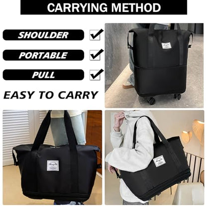 Rolling Duffle Bag with Detachable Wheels Expandable Foldable Duffle Bag for Travel Luggage bag Carry on Weekend Travel Bag (Black)