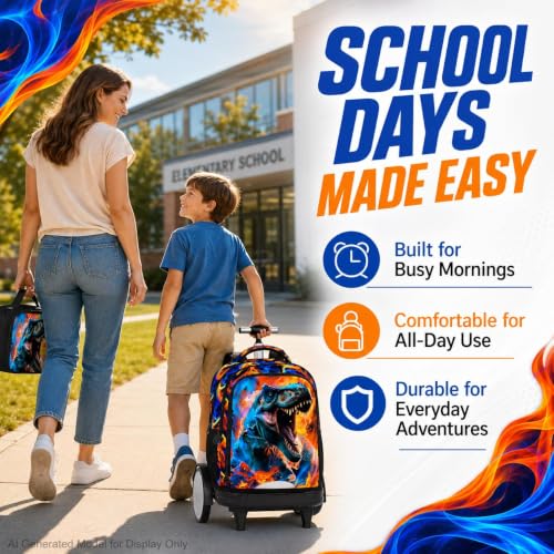 20 Inches Large Wheels Rolling Backpack for Boys with Detachable, 3Pcs Kids Fire Dinosaur Wheeled Backpack Set for Elementary School (Red) - color: Fire Dinosaur (Large Wheels)