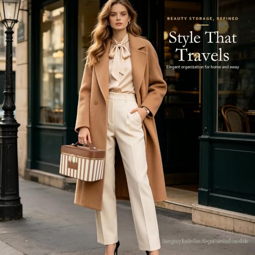 Makeup Bag Travel Toiletry Leather Cosmetic Case, Waterproof Makeup Organizer with Brush Holder, Wipe Clean Removable Divider Vanity Train Bag for Women, Caramel Brown - color: Caramel Brown