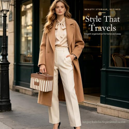 Makeup Bag Travel Toiletry Leather Cosmetic Case, Waterproof Makeup Organizer with Brush Holder, Wipe Clean Removable Divider Vanity Train Bag for Women, Caramel Brown - color: Caramel Brown