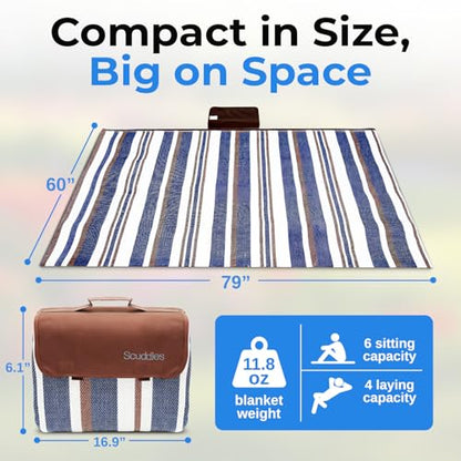 scuddles Extra Large Picnic Blanket 80 x 80 Inch, Waterproof Outdoor Mat with 3 Layer Soft Cushion, Foldable Compact Design with Carry Strap for Beach, Camping, Hiking, Parks and Travel Use - color: Navy