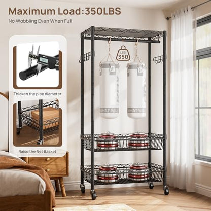 Golpart Heavy Duty Rolling Clothes Rack Wheels Portable Metal Garment Rack - color: Black-F, size: 15.75"D x 23.5"W x 72.45"H