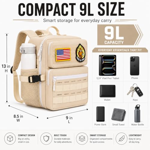 9L Mini Tactical Backpack for Men and Women, Gym Hiking Travel Daypack - color: Beige
