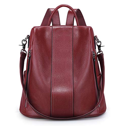 S-ZONE Leather Backpack Purses for Women Antitheft Rucksack Shoulder Bag Medium - color: Wine Red