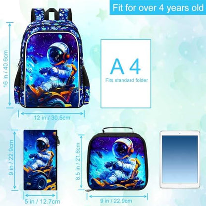 CCJPX 3Pcs Backpack for Boys, 16 Inch Preschool Elementary Kindergarten School Backpacks and Lunch Box - color: Blue Astronaut 001