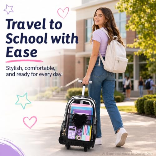 AGSDON Chic Sequin Rolling Clear Backpack Set – 20" Transparent Wheeled Bookbag with Large Front Pocket for School, Daily Commute & Leisure | Black Fashion-Forward Organizer - color: Love Sequin Rolling Backpack Black