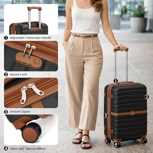 Kono Expandable 24 Inch Luggage with Spinner Wheels, Medium Checked Luggage with Lock, Lightweight & Anti-Scratch PC+ABS Hardshell Travel Suitcase, Black/Brown - color: Black/Brown, size: Checked-medium 24-inch