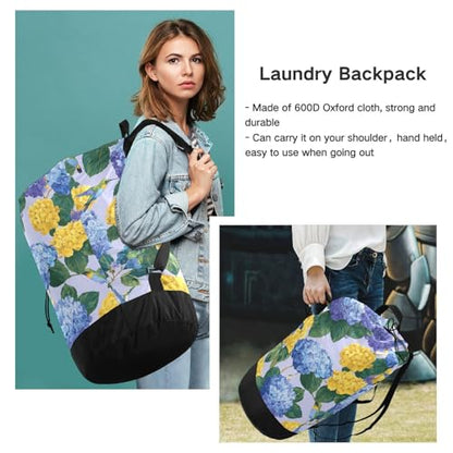 Blue Hydrangeas Hummingbirds Laundry Backpack Bag with Adjustable Shoulder Straps Handle Dirty Laundry Hamper Bag for Traveling Camp College Dorm Heavy Duty Waterproof Large Capacity - color: Blue Hydrangeas Hummingbirds