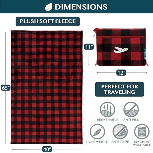 PAVILIA Travel Blanket and Pillow, Soft Ribbed Fleece Airplane, Plaid Red - color: Checkered Red