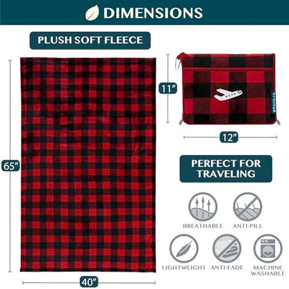 PAVILIA Travel Blanket and Pillow, Soft Ribbed Fleece Airplane, Plaid Red - color: Checkered Red
