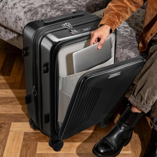 Carry on Luggage Top opening Suitcases, Expandable with Cup Holder and USB Charging Port,Lightweight with Front Pocket Rolling Suitcases with Spinner Wheels - color: Dark Black
