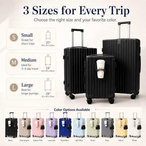 3 Piece Hardside Luggage Set with Spinner Wheels, TSA Lock, Lavender - color: black