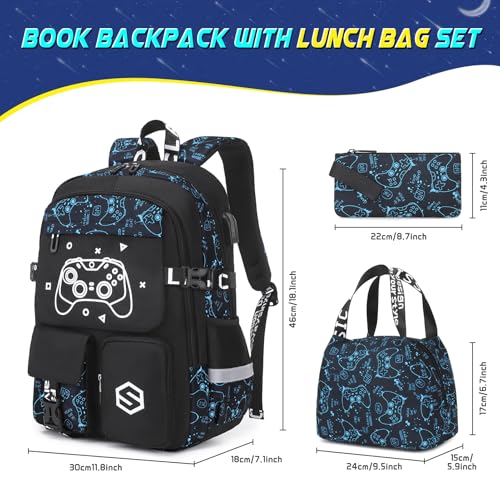 Scothen Boys Backpack, Cool Luminous Kids School Backpacks with Lunch Bag - color: Blue Pattern
