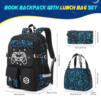 Scothen Boys Backpack, Cool Luminous Kids School Backpacks with Lunch Bag - color: Blue Pattern