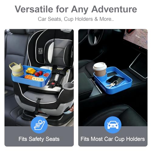 Car Seat Tray for Kids Toddlers Travel with 3-Inch Cup Holder & Dip Well - color: Blue