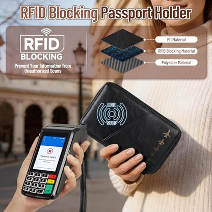 Family Passport Holder for 4 Travel RFID Blocking Passport Holder - color: Black