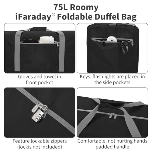 iFARADAY Foldable Duffel Bag Lightweight, 30 inch / 75L, Black - color: Black-75L(with shoulder strap)