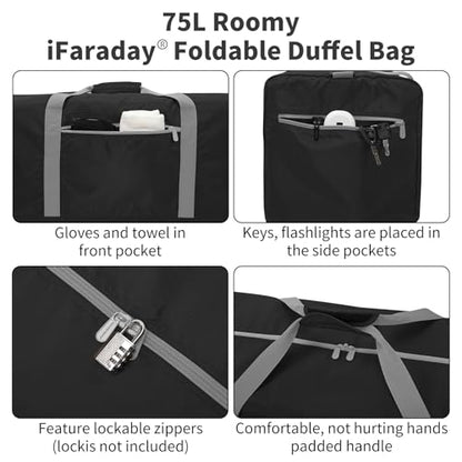 iFARADAY Foldable Duffel Bag Lightweight, 30 inch / 75L, Black - color: Black-75L(with shoulder strap)