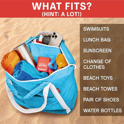 Bodysurf Beach Bag Waterproof Sandproof, Foldable Packable Travel Zip Tote - color: Electric Blue, size: Medium