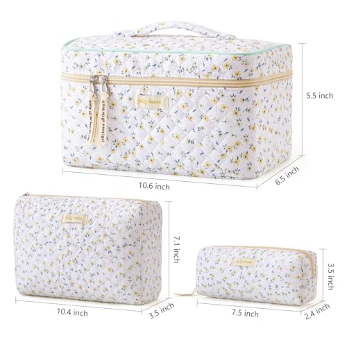 HBselect Quilted Makeup Bag, 3Pcs Cotton Large Travel Makeup Bags Organizer - color: A-3PCS-Yellowflower