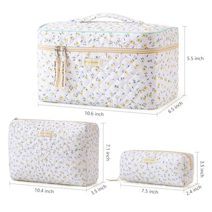 HBselect Quilted Makeup Bag, 3Pcs Cotton Large Travel Makeup Bags Organizer - color: A-3PCS-Yellowflower