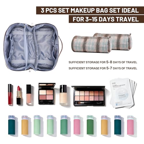 BOYATU Travel Makeup Bag for Women: 3 Pcs Set Scottish Plaid Make up Bag - color: E-3-Beige
