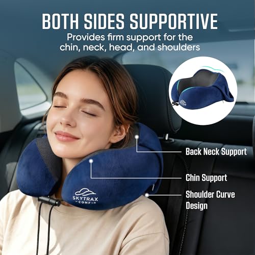 SkytraxComf® Travel Neck Pillow with Hood for Privacy on Long Flights - color: Navy Blue