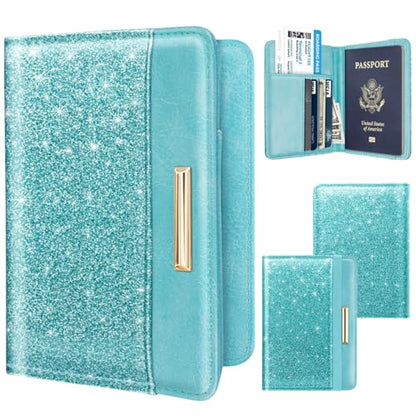 Coco Rossi Passport Holder for Travel Women Slim RFID Passport Cover Wallet - color: Glitter Teal