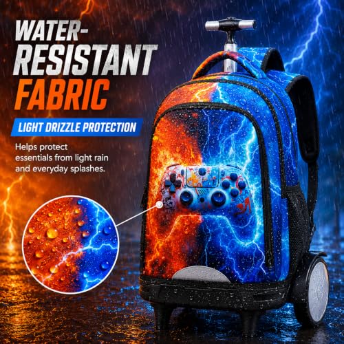 gxtvo Large Wheels & Quiet Glide | Rolling Backpack for Kids - Water-Resistant Wheeled Bag with Lunch Box for School, Travel & Outings - Fire & Lightning Gaming - color: Rolling Backpack Fire Lightning Gaming